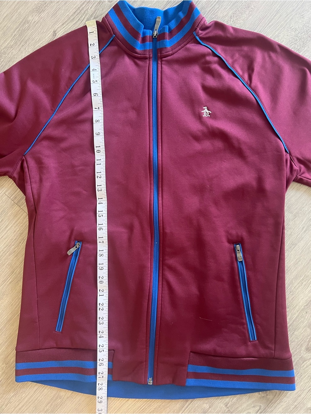 Original Penguin Burgundy Bomber Jacket | Men’s Zip-Up Jacket with Blue Trim - Picture 9 of 9
